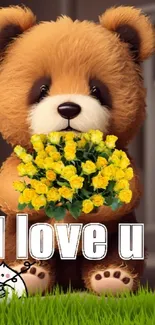 Cute teddy bear with flowers and 'I love u' text