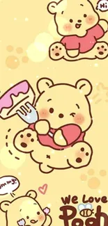 Cartoon teddy bear in pastel yellow theme, cheerful mobile wallpaper.