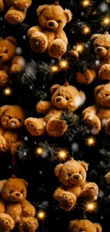 Teddy bears with glowing lights on tree.