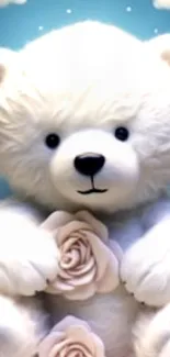 Adorable teddy bear with roses on blue background.