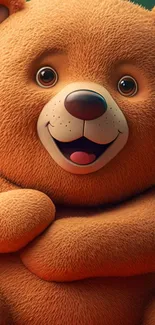 Cute teddy bear smiling on a cozy wallpaper.