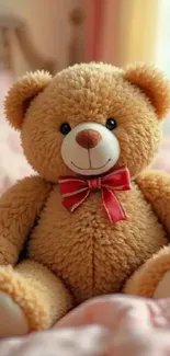Adorable teddy bear with red bowtie on bed.