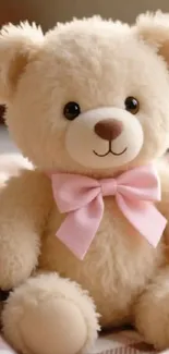 Adorable teddy bear with pink bow on cozy background.
