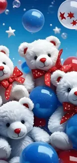 Teddy bears with red bows and colorful balloons.
