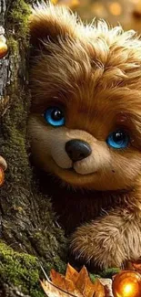 Cute teddy bear peeking from behind a tree with bright blue eyes.