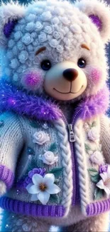 Cute teddy bear wearing floral sweater in snowy scene.