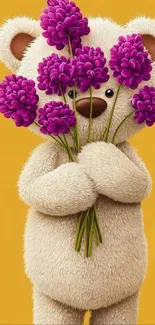 Cute teddy bear with purple flowers on yellow background