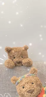 Cute teddy bears on a soft, dreamy wallpaper background.