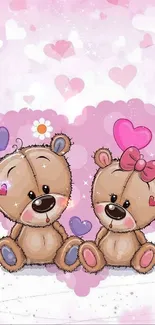 Cute teddy bears with pink hearts wallpaper.