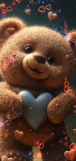 Cute teddy bear holding a blue heart with floating hearts.