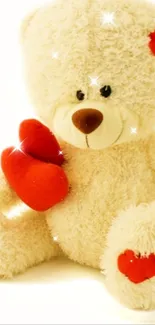 Fluffy teddy bear with red hearts and sparkles on a light background.