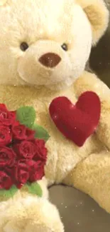 Adorable teddy bear with heart and roses wallpaper.