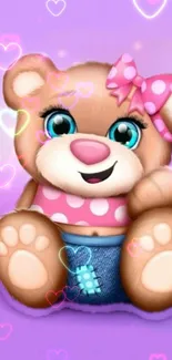 Cute teddy bear with pink hearts on a lavender background.