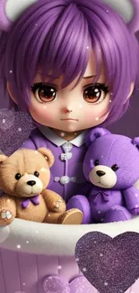 Anime character with teddy bears in purple hues.