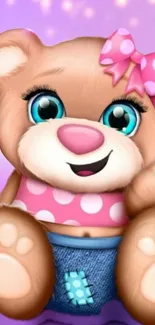 Cute teddy bear with pink bow and polka dots on a colorful wallpaper.