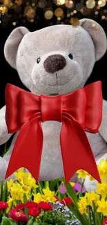 Teddy bear with red bow among flowers and sparkles.