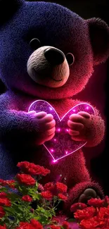 Teddy bear with glowing heart and red roses wallpaper.