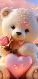 Cute teddy bear holding heart and rose at sunset.