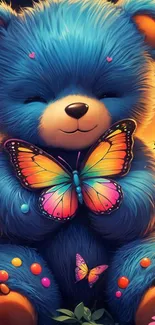 Cute blue teddy bear with colorful butterflies.