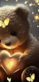 Cute teddy bear with glowing heart and butterflies.