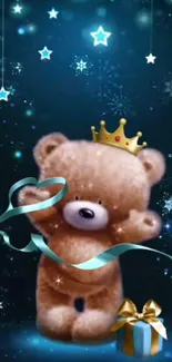 Teddy bear with crown, blue ribbon, and stars mobile wallpaper.