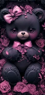 Teddy bear adorned with pink floral accents.