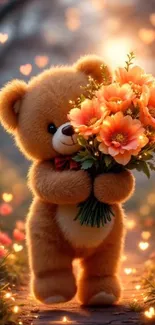 Teddy bear with orange flowers and glowing hearts.