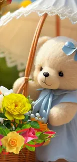 Teddy bear with floral basket and umbrella.