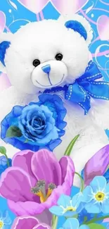 Cute teddy bear with blue and purple flowers.