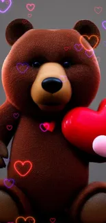 A cute brown teddy bear holding a red heart, surrounded by glowing hearts.