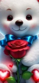 Adorable teddy bear with red rose and blue ribbon.