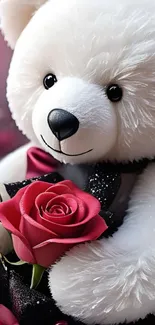 Adorable teddy bear holding red roses