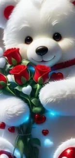 Teddy bear with red roses and heart accents.