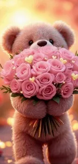 Teddy bear holding pink roses bouquet