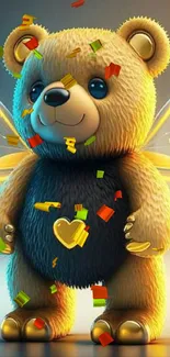 Adorable bear with wings and heart design on a mobile wallpaper.