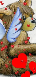 Teddy bear with blue wings and red hearts illustration.