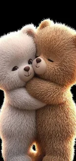 Two teddy bears hugging on a black background.