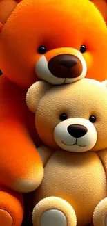 Two adorable teddy bears in orange hues on mobile wallpaper.