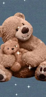 Cute teddy bears on a denim blue background wallpaper.