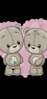 Cute teddy bear couple with pink heart background wallpaper.