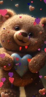 Cute teddy bear holding a blue heart.