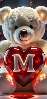 Teddy bear holding red heart with floating hearts background.
