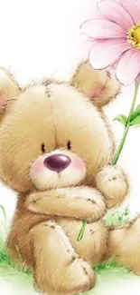 Cute teddy bear holding a pink flower.