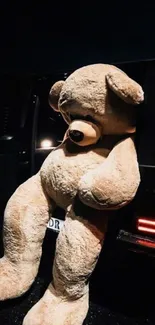 Cute teddy bear resting on car seat in dim light.