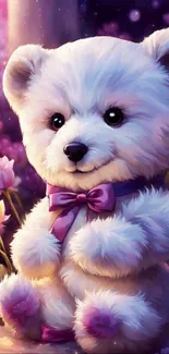 Adorable bear surrounded by colorful flowers on a purple background.