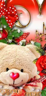 Cute teddy bear with heart and roses wallpaper, featuring vibrant colors and butterfly.