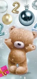 Cute teddy bear with Happy New Year text and festive decorations.