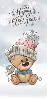 Cute teddy bear New Year 2022 wallpaper with snowy theme.