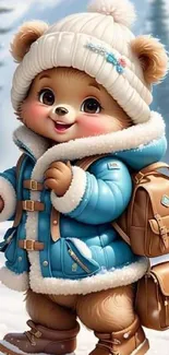 Cute teddy bear in blue coat with snowy background.