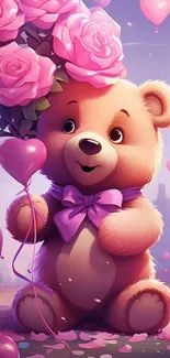 Cute teddy bear surrounded by pink roses and balloons, in cartoon style.